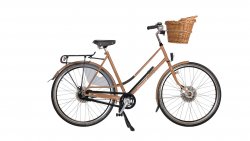 Vélo hollandais Hirondelle avec cadre beige mat et panier fixé au cintre