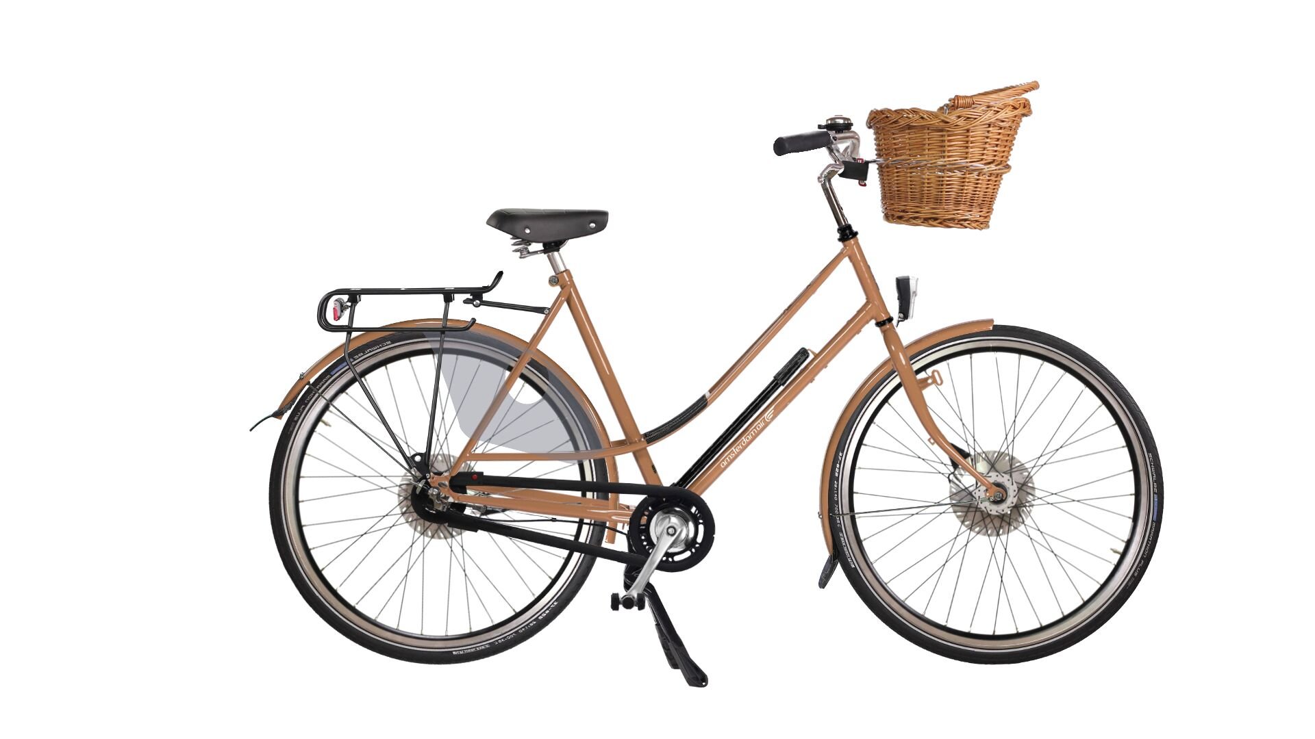 Vélo hollandais Hirondelle avec cadre beige mat et panier fixé au cintre