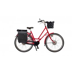 City Zen électrique rouge brillant avec sacoche à l'arrière et panier à l'avant