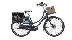 Vélo électrique Amsterdam Air avec moteur pédalier, cadre aluminium et porte-bagage avant et sacoches