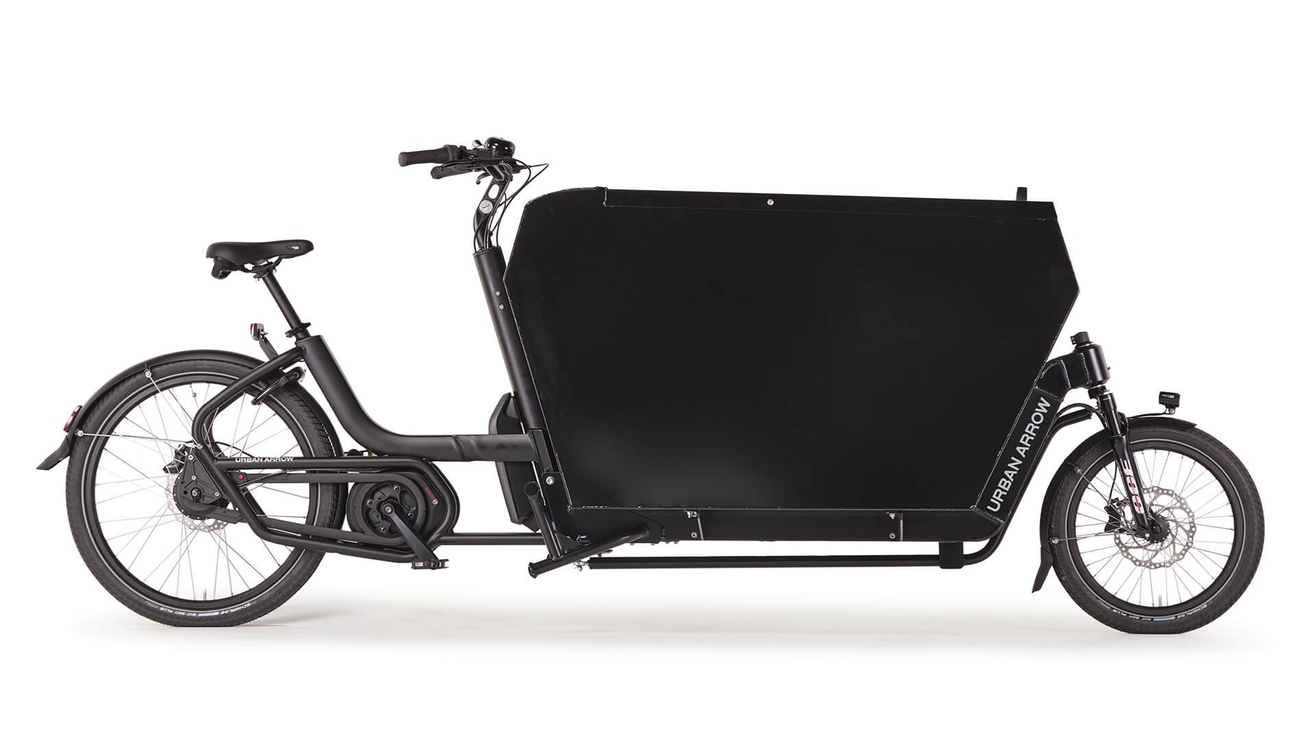 Vue de profil du biporteur électrique UA Cargo XL avec caisse aluminium noire