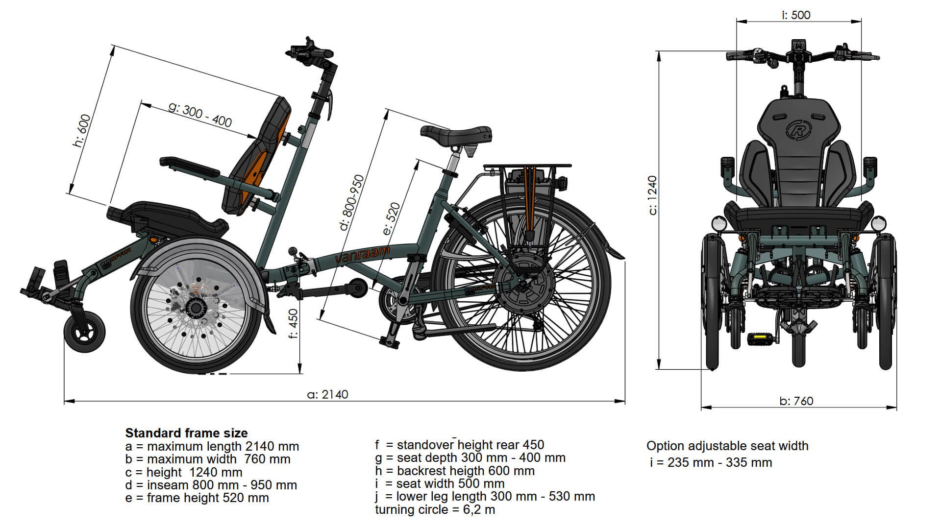 Dimensions du vélo pour fauteuil roulant OPair