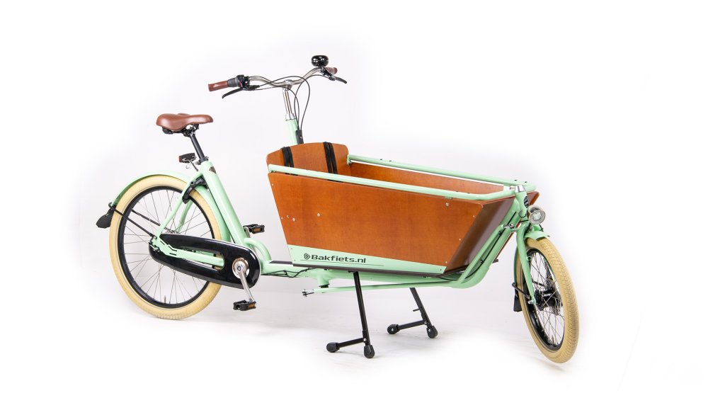 Le biporteur Bakfiets Confort avec un cadre couleur vert menthe