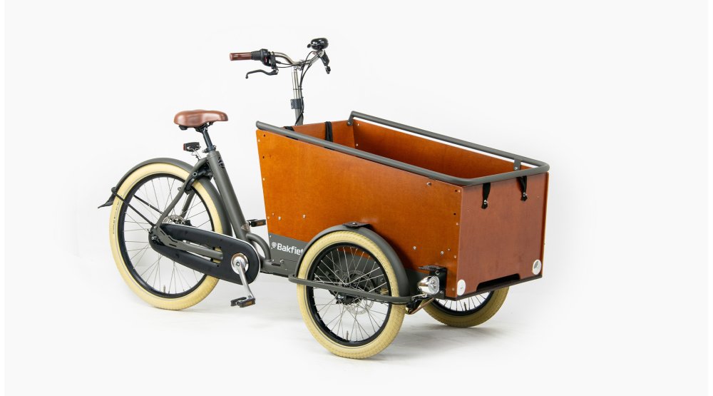 Triporteur Bakfiets.nl Cargotrike wide Cruiser gris avec protection pluie tweed