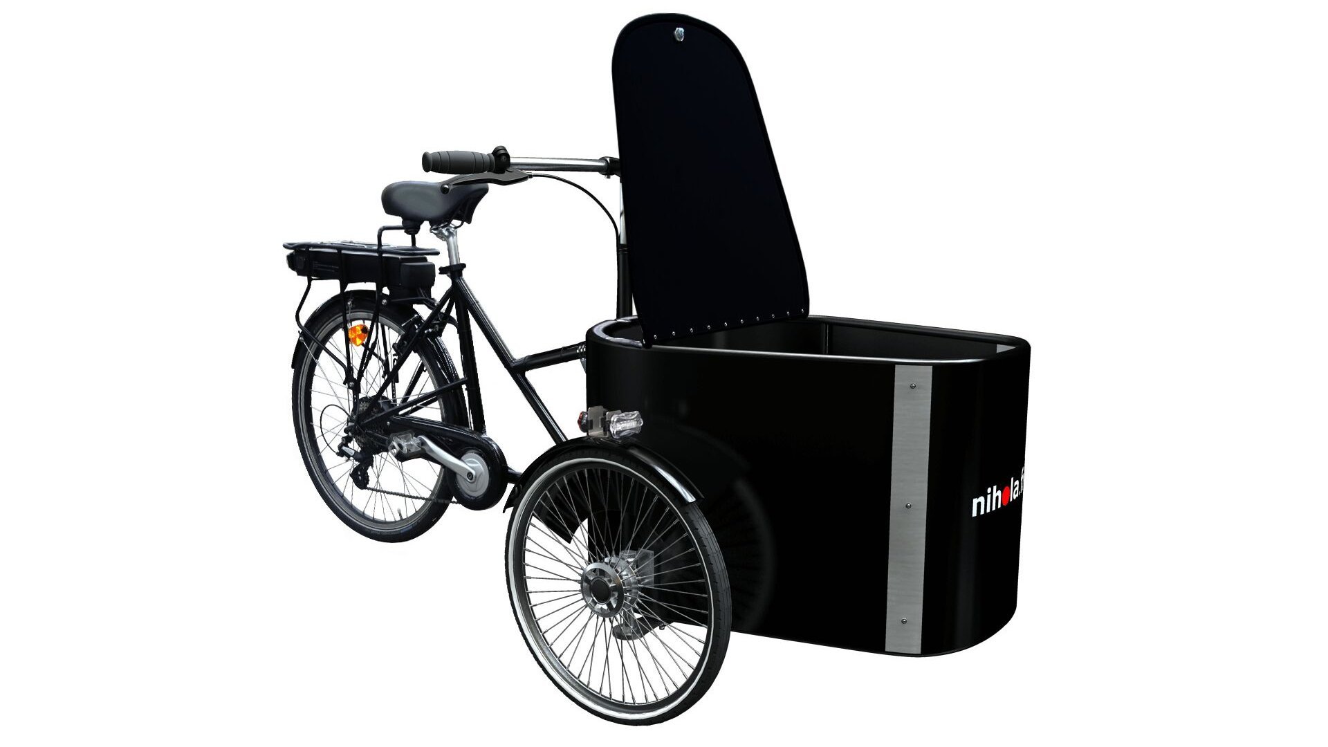 Triporteur Nihola cargo électrique dans sa configuration de base avec couvercle