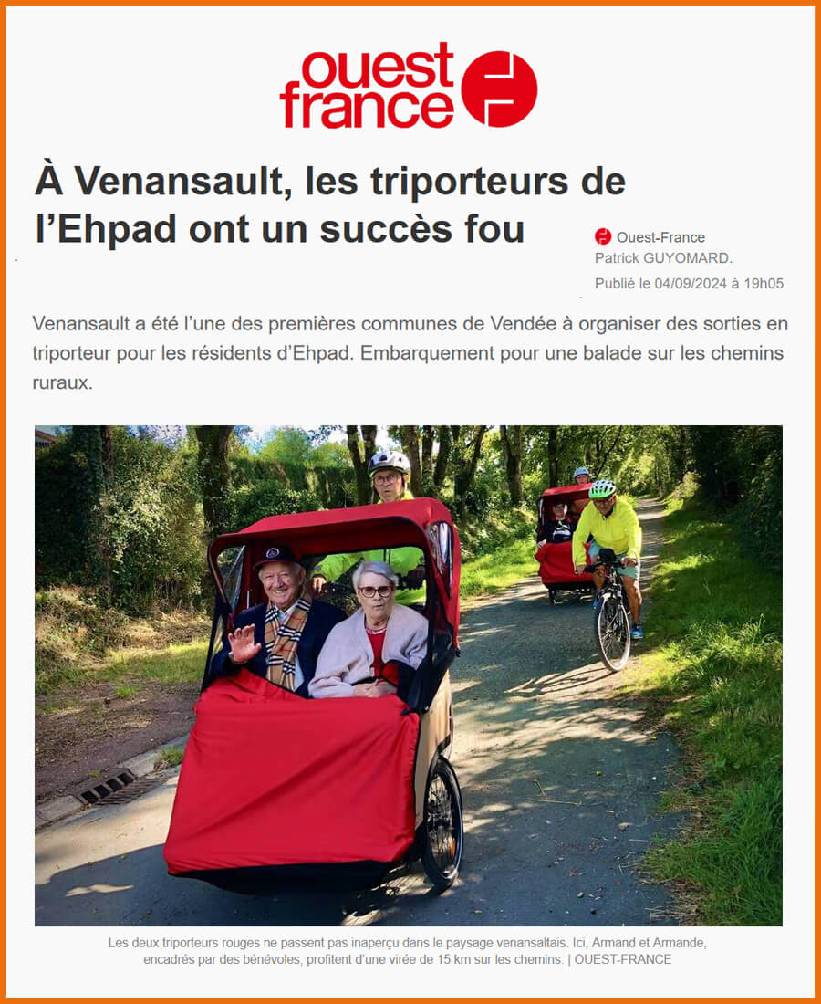 Article Ouest-France du 04/09/24 sur les triporteurs de l'EHPAD de Venansault