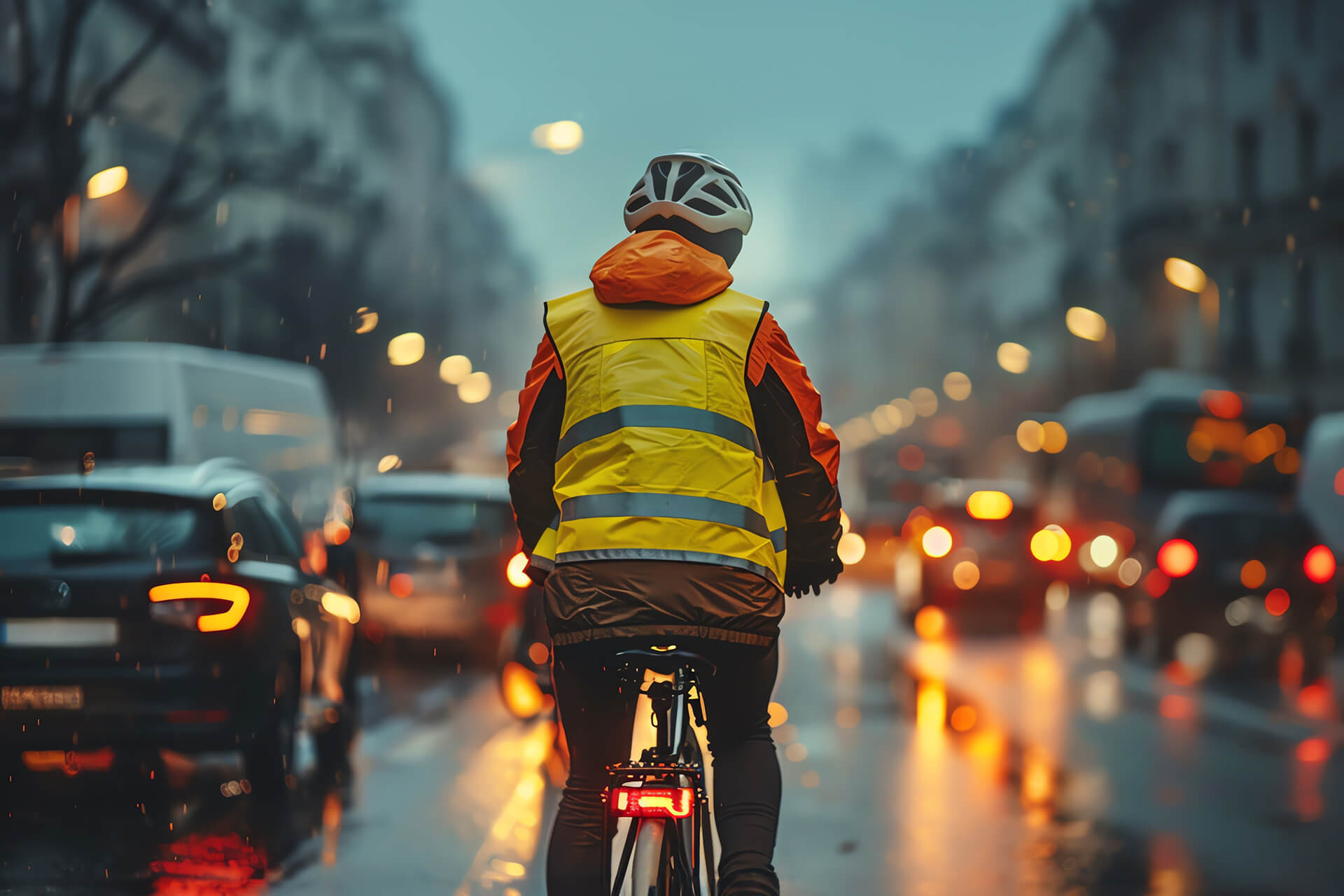 Un cycliste parfaitement équipé pour la circulation en ville